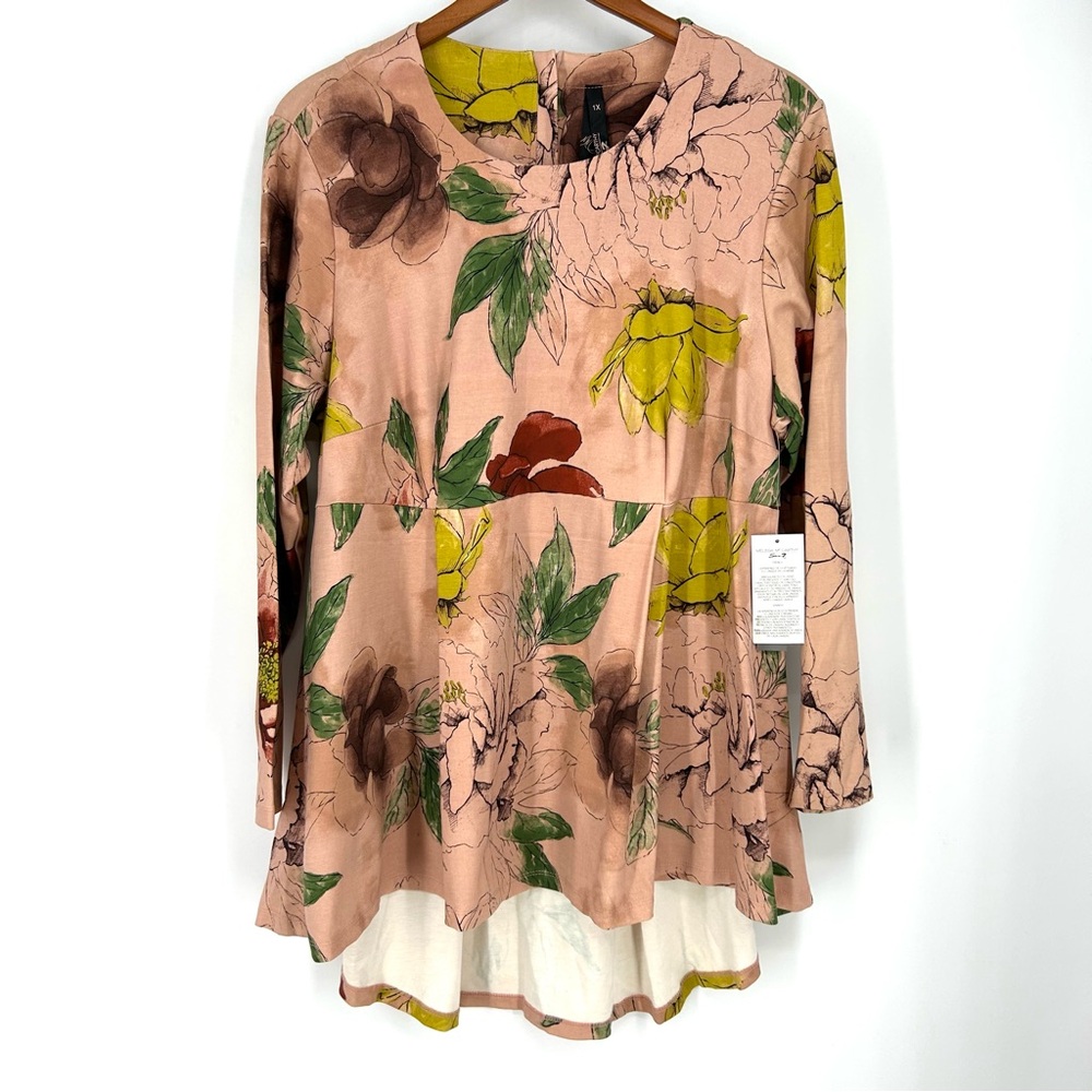 NWT Melissa McCarthy Seven7 Top Blouse 1X Plus Pink Floral Peplum Art to Wear
